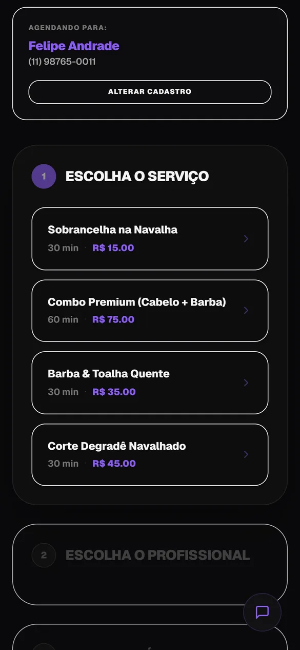 Página real de agendamento de uma barbearia no celular, com a lista de serviços e preços