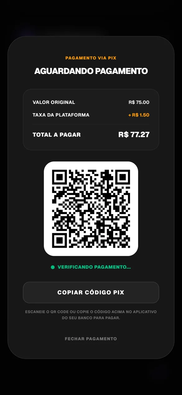 Tela real de pagamento PIX com QR code aguardando pagamento