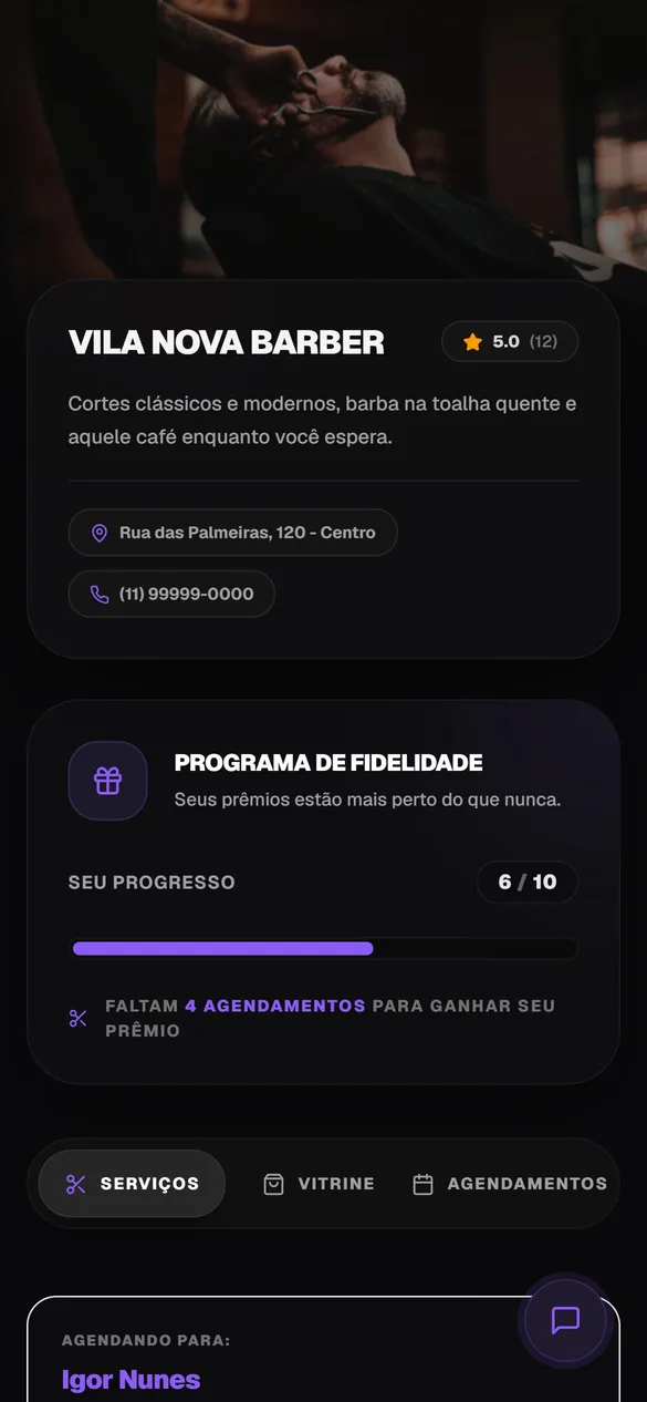 Página real da barbearia mostrando o progresso de fidelidade do cliente: 6 de 10