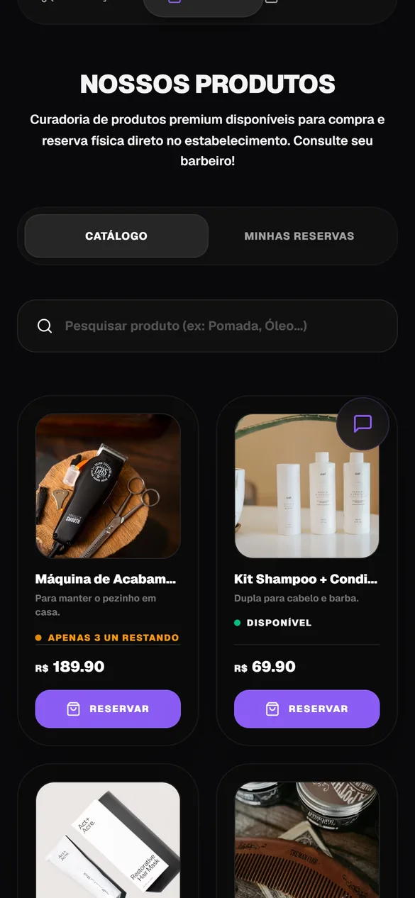 Vitrine real de produtos da barbearia no celular